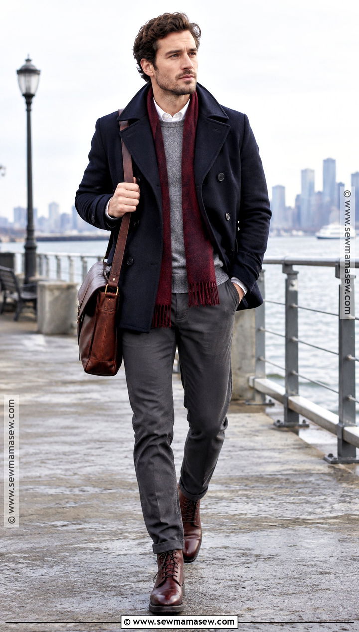 Mens Navy Peacoat and Gray Sweater Fall Outfit - 25 fall outfits men autumn