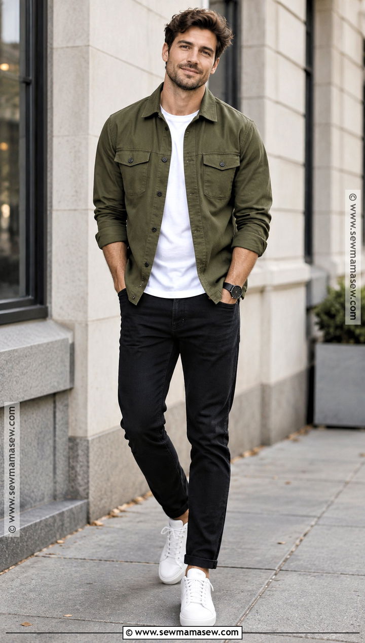 Mens Olive Overshirt and Black Jeans Outfit - 15 Fall Engagement Outfits for Men