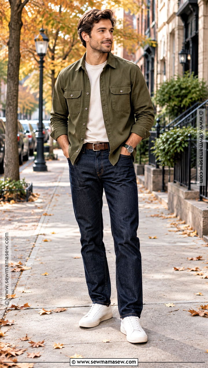 Mens Olive Overshirt and Dark Jeans Fall Outfit - 25 male fall outfits