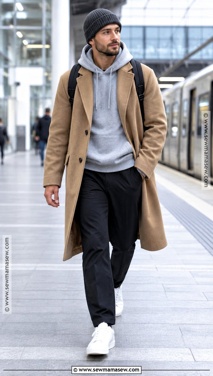 Mens Overcoat With Hoodie And Sneakers - 15 men's fall fashion clothing ideas