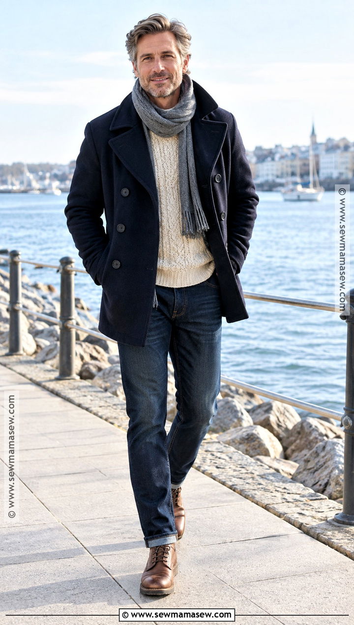 Mens Peacoat and Cable Knit Sweater Fall Outfit - 25 male fall outfits