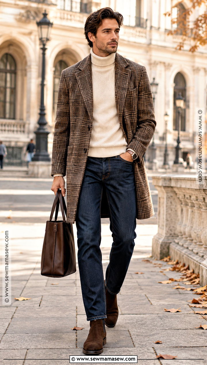 Mens Plaid Overcoat and Turtleneck Fall Outfit - 25 male fall outfits