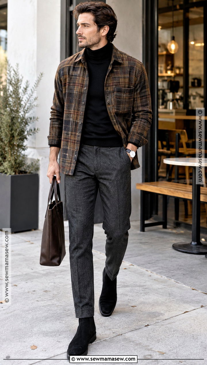 Mens Plaid Overshirt And Turtleneck Fall Outfit - 25 casual fall outfits for men