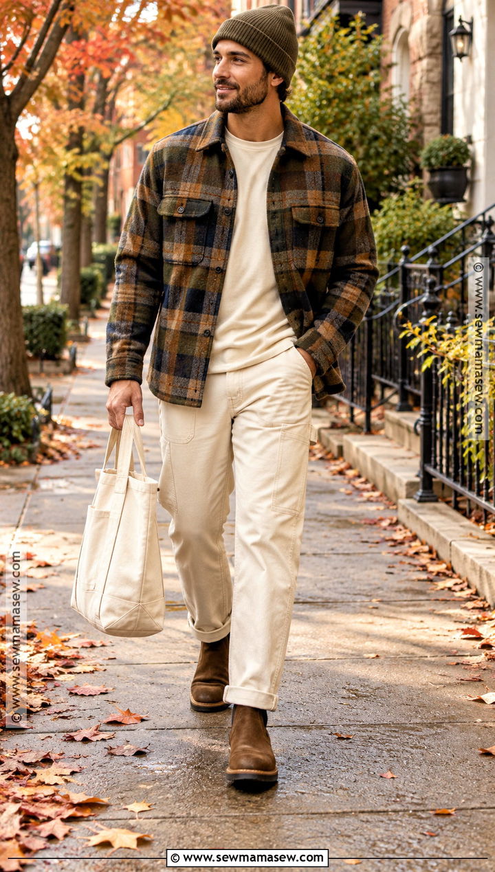 Mens Plaid Shacket Outfit With Cream Pants - 15 Mens Casual Fall Outfits 2026