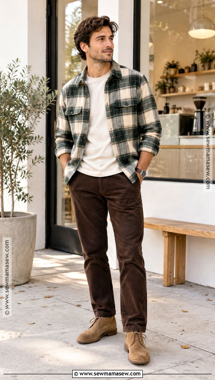 Mens Plaid Shacket and Corduroy Pants Fall Outfit - 25 male fall outfits
