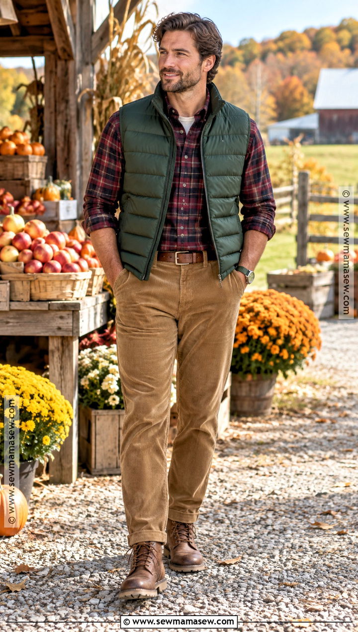 Mens Puffer Vest And Corduroy Pants Fall Outfit - 15 Men's Casual Style Fall Ideas
