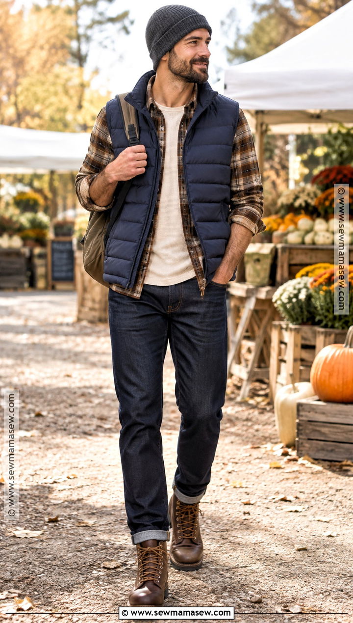 Mens Puffer Vest And Flannel Fall Outfit - 15 fall male outfits casual