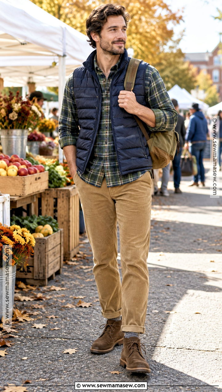 Mens Puffer Vest and Corduroy Pants Fall Outfit - 20 men fall fits
