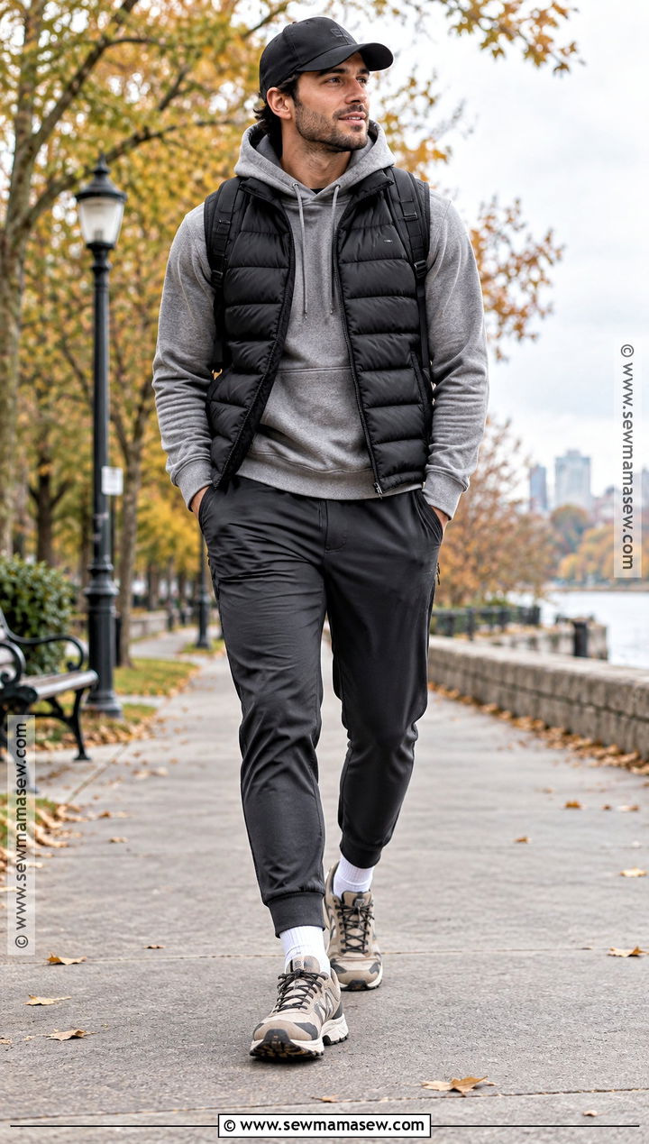 Mens Puffer Vest and Joggers Fall Outfit - 25 male fall outfits