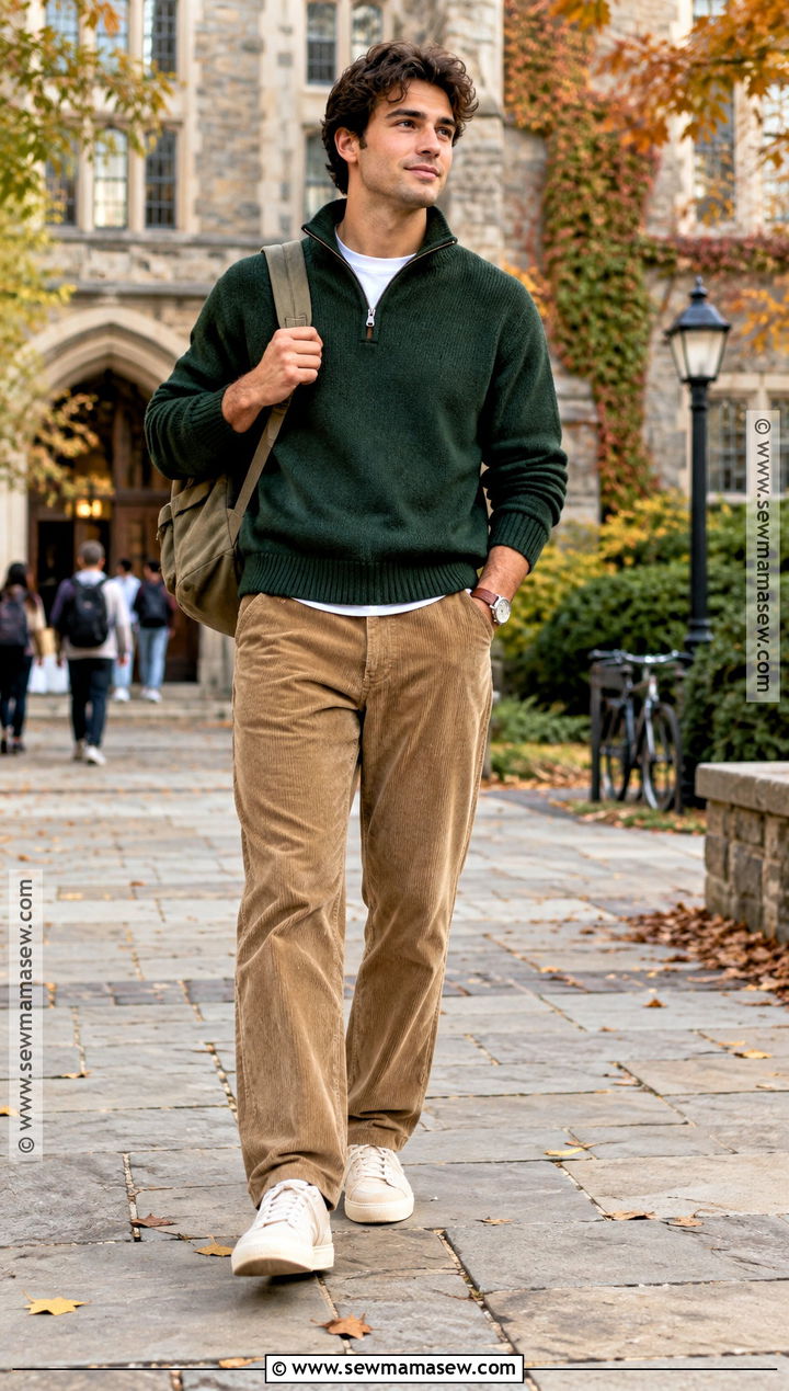Mens Quarter Zip And Corduroy Pants Fall Outfit - 25 casual fall outfits for men