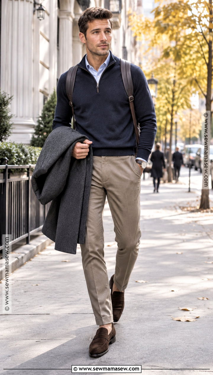 Mens Quarter Zip Sweater And Trousers Outfit - 15 Mens Fall 2026 Fashion Ideas