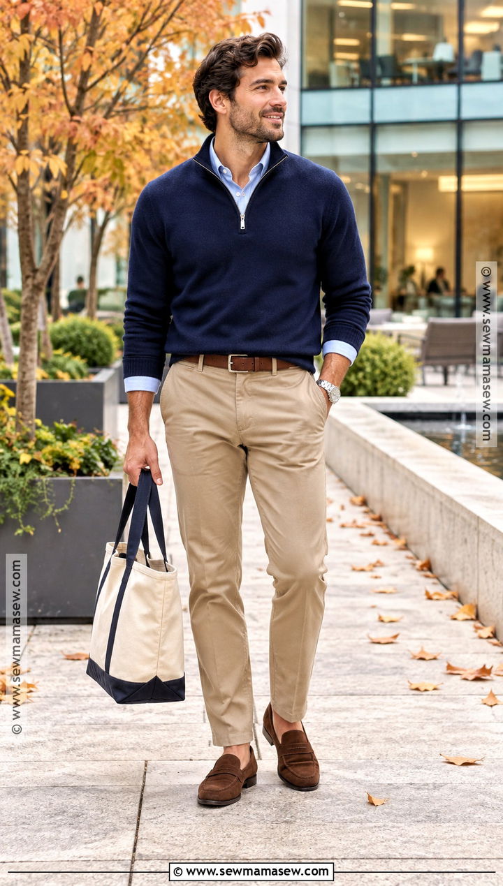 Mens Quarter Zip Sweater With Chinos And Loafers - 15 men fall fashion casual ideas