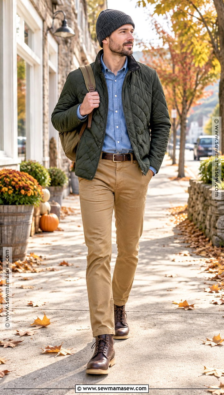 Mens Quilted Jacket And Chambray Shirt Fall Outfit - 25 casual fall outfits for men