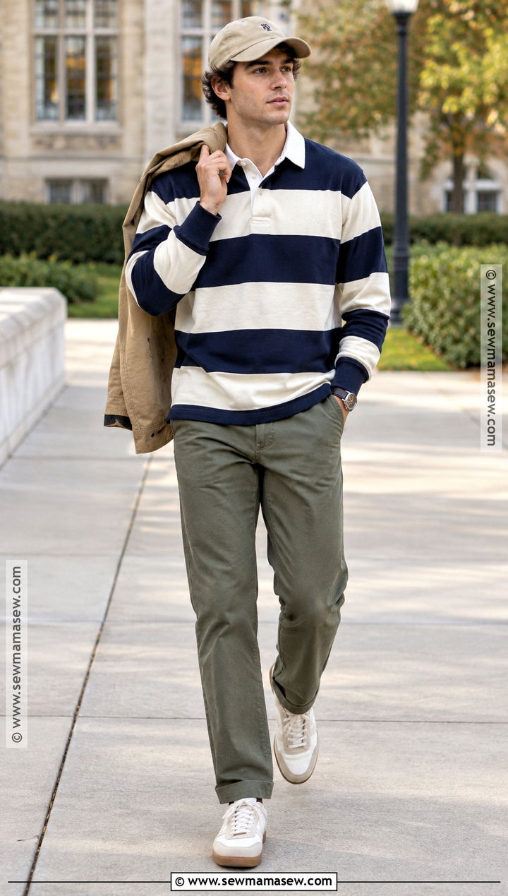 Mens Rugby Shirt And Chinos Fall Outfit - 15 Men's Casual Style Fall Ideas
