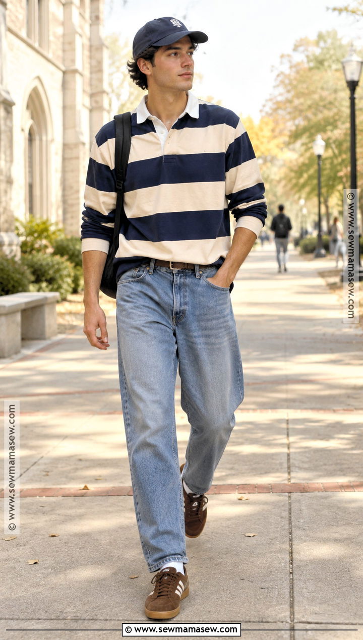 Mens Rugby Shirt and Relaxed Jeans Fall Outfit - 20 men fall fits
