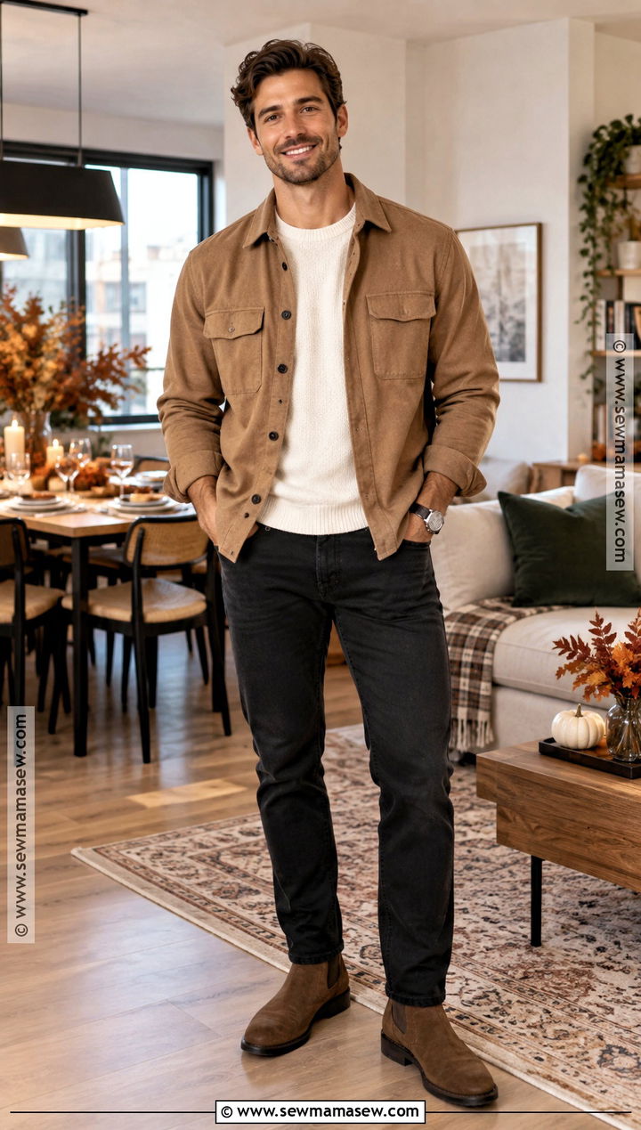 Mens Shacket And Black Jeans Thanksgiving Outfit - 25 Men Thanksgiving Outfit Ideas