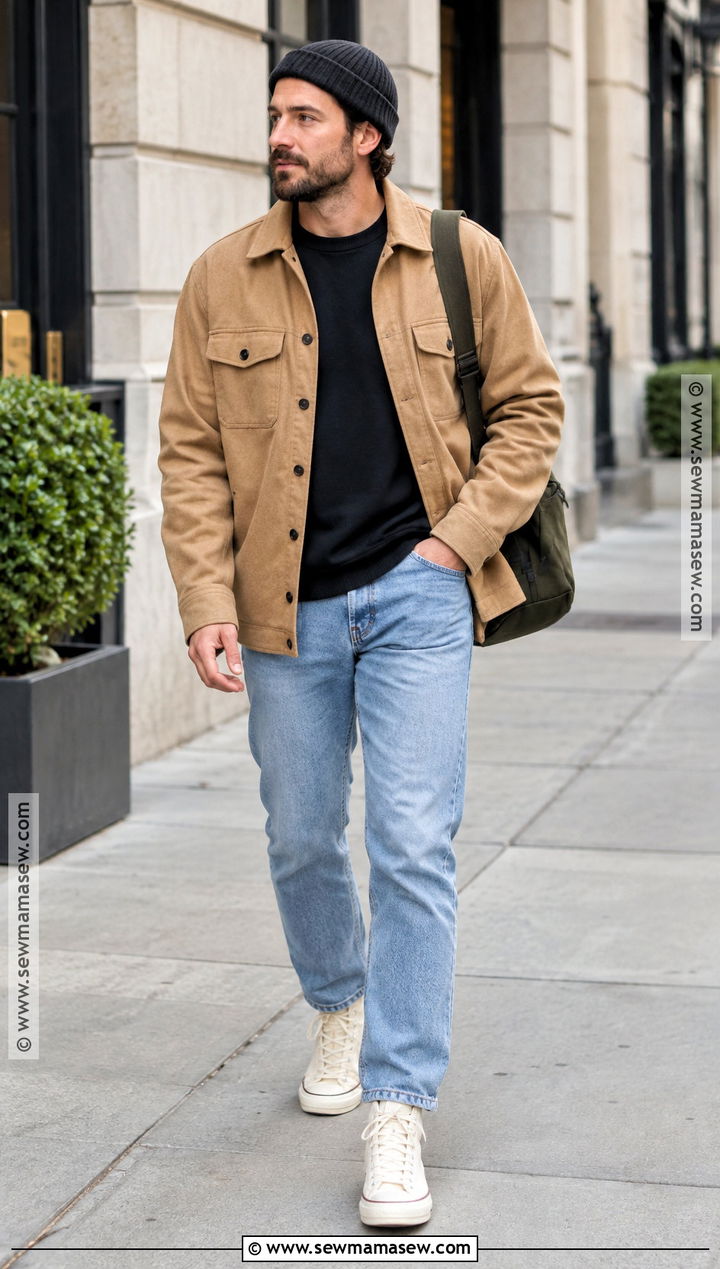 Mens Shacket And Light Wash Jeans Fall Outfit - 15 fall male outfits casual