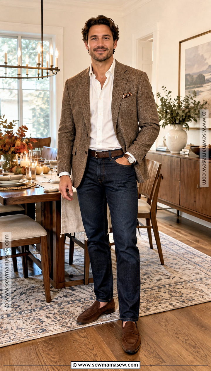 Mens Sport Coat And Dark Jeans Thanksgiving Outfit - 25 Men Thanksgiving Outfit Ideas