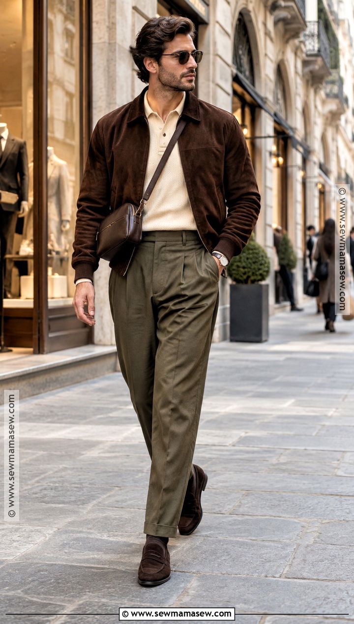 Mens Suede Bomber Jacket Milan Fall Outfit - 15 Mens Europe Fall Outfits