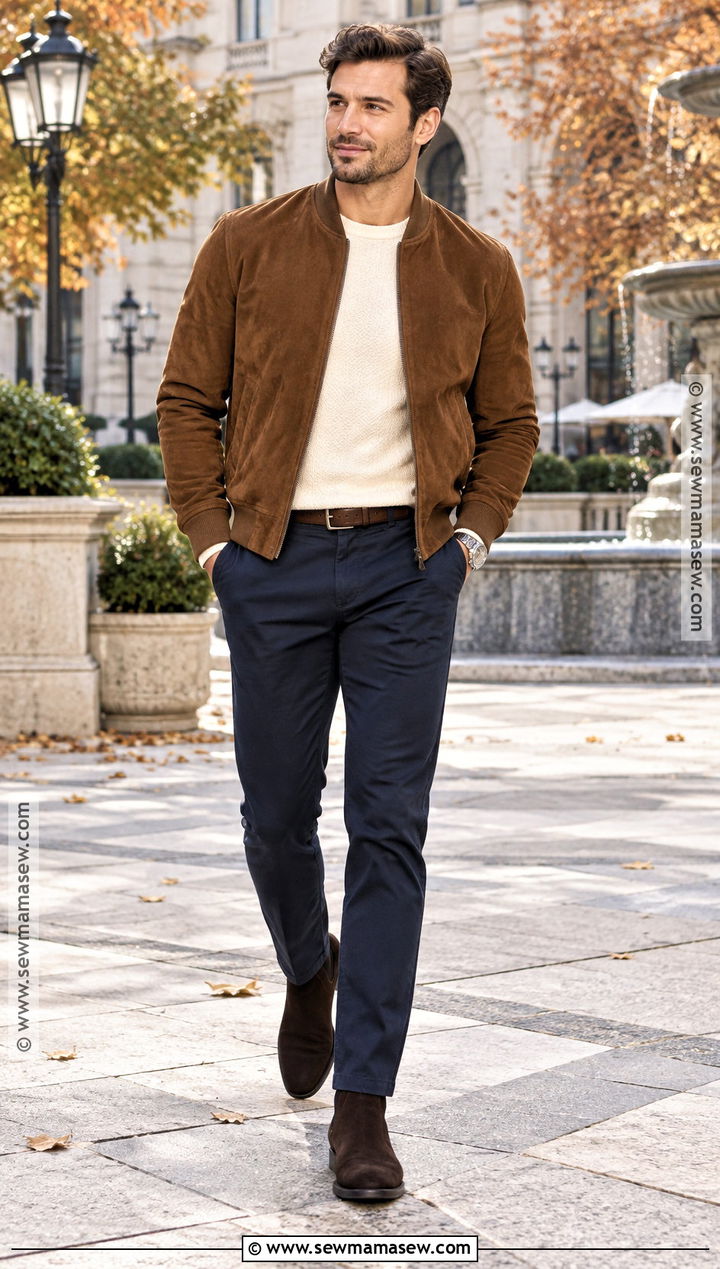 Mens Suede Bomber Jacket Outfit With Chinos - 15 Mens Casual Fall Outfits 2026