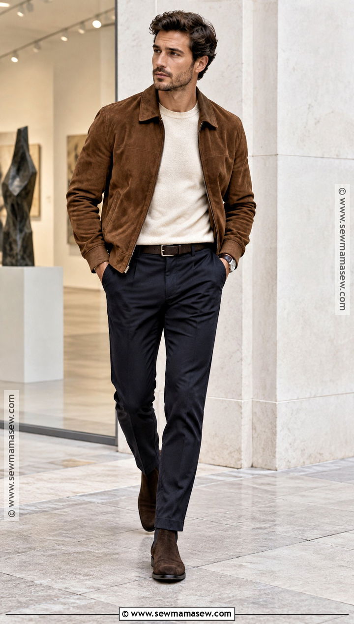 Mens Suede Jacket And Merino Sweater Fall Outfit - 25 casual fall outfits for men