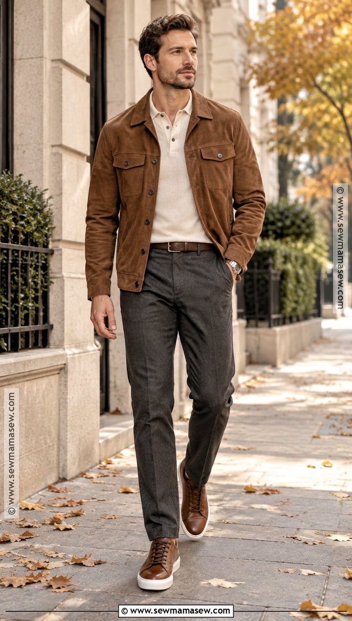 Mens Suede Jacket With Knit Polo And Trousers - 15 men fall fashion casual ideas