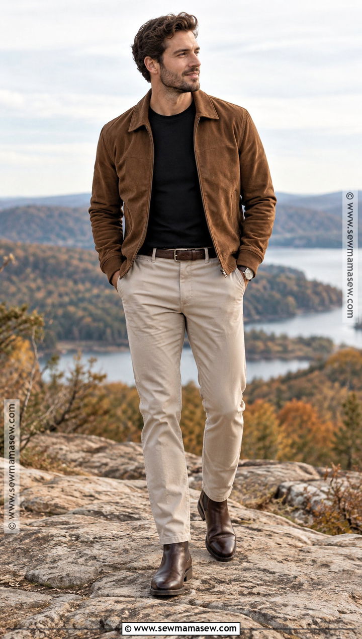Mens Suede Jacket and Chinos Outfit - 15 Fall Engagement Outfits for Men