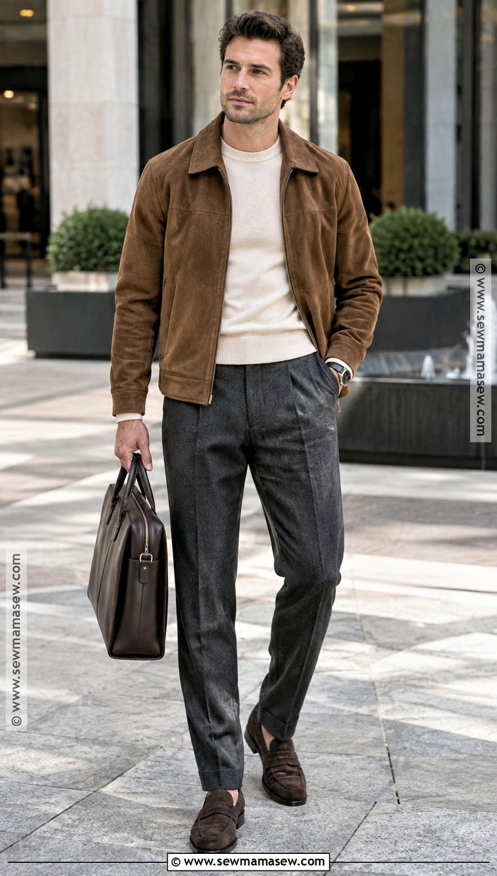 Mens Suede Jacket and Pleated Trousers Outfit - 25 mens fall fashion ideas