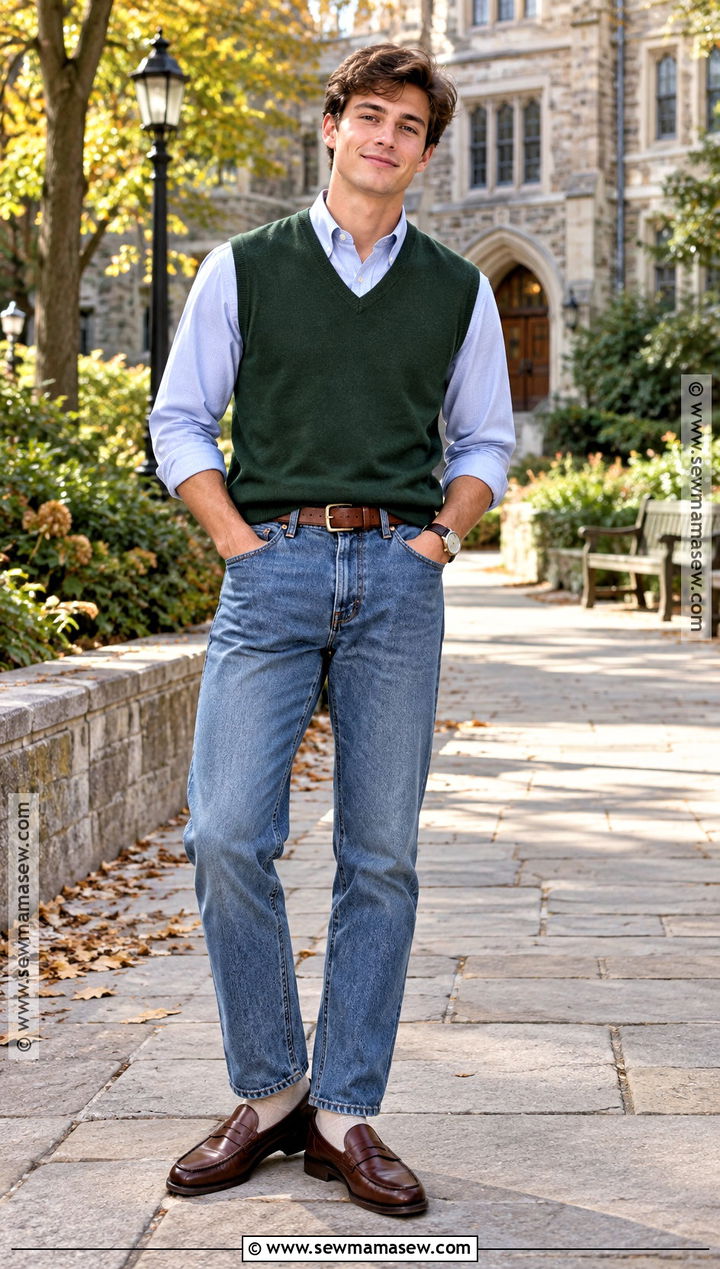 Mens Sweater Vest and Relaxed Jeans Fall Outfit - 25 male fall outfits