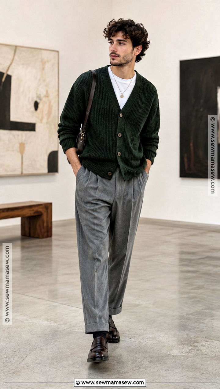 Mens Textured Cardigan And Pleated Pants Outfit - 15 Mens Fall 2026 Fashion Ideas