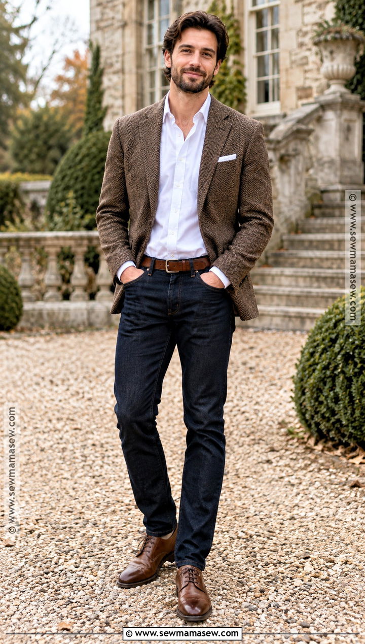 Mens Tweed Blazer and Dark Denim Outfit - 15 Fall Engagement Outfits for Men