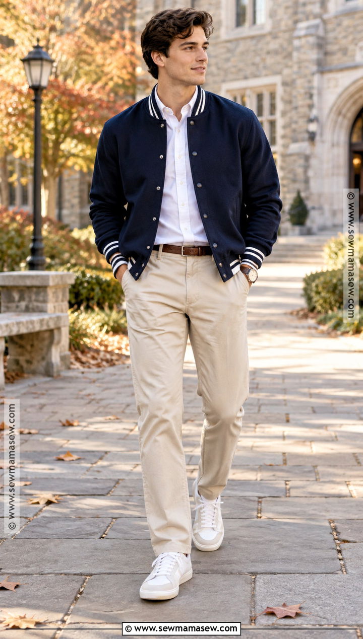 Mens Varsity Jacket And Chinos Outfit - 15 Mens Fall 2026 Fashion Ideas