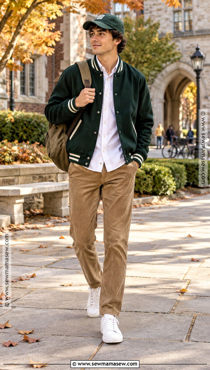 Mens Varsity Jacket And Corduroy Pants Fall Outfit - 25 casual fall outfits for men