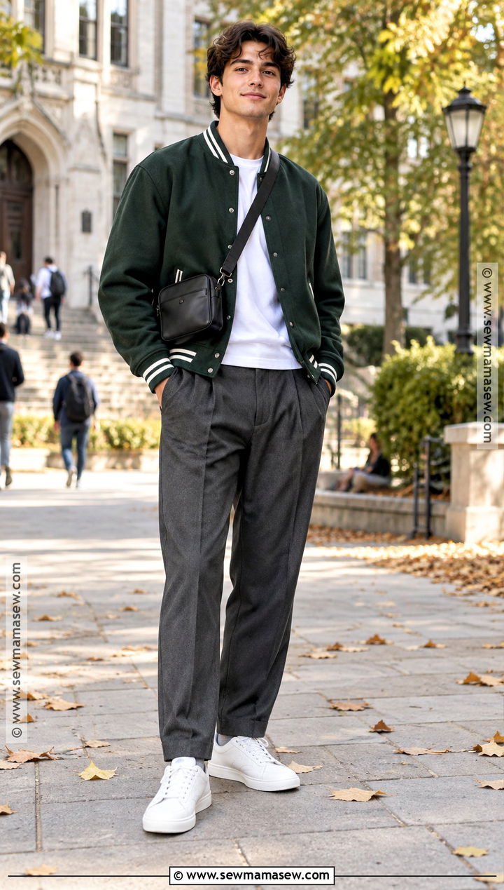 Mens Varsity Jacket and Pleated Pants Fall Outfit - 20 men fall fits