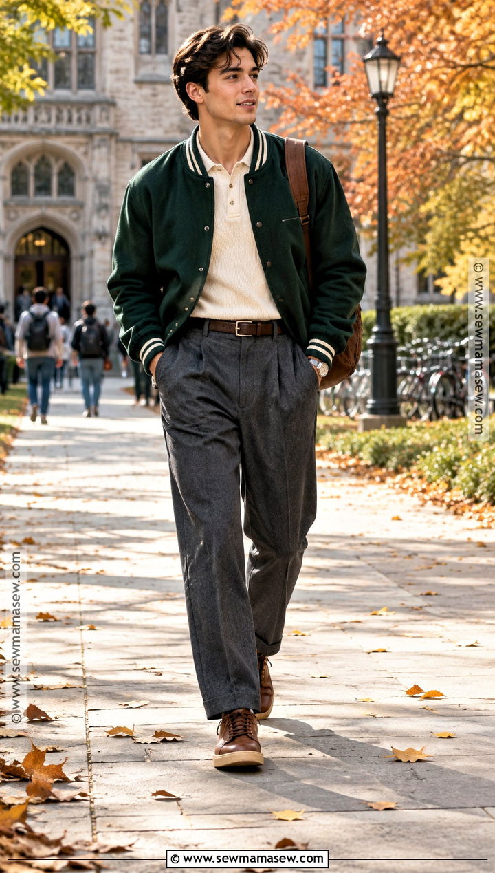 Mens Varsity Jacket and Pleated Trousers Fall Outfit - 25 male fall outfits