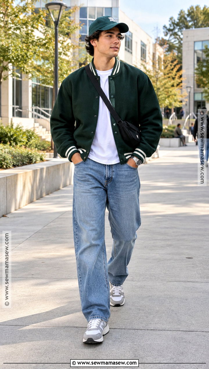 Mens Varsity Jacket and Relaxed Jeans Fall Outfit - 25 fall outfits men autumn