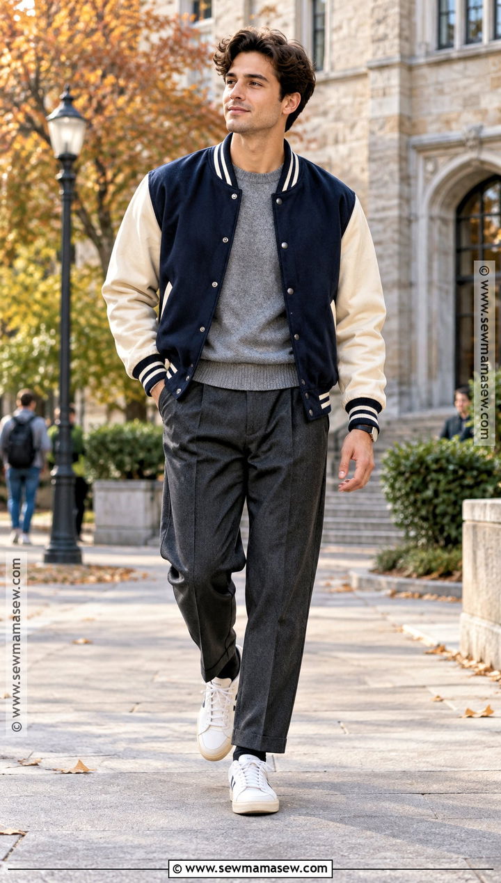 Mens Varsity Jacket and Trousers Outfit - 25 mens fall fashion ideas