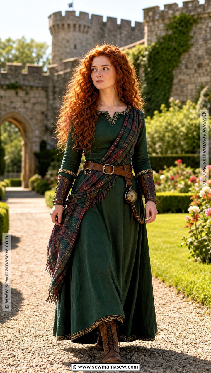 Merida Costume With Green Medieval Dress - 35 curly hair halloween costume ideas