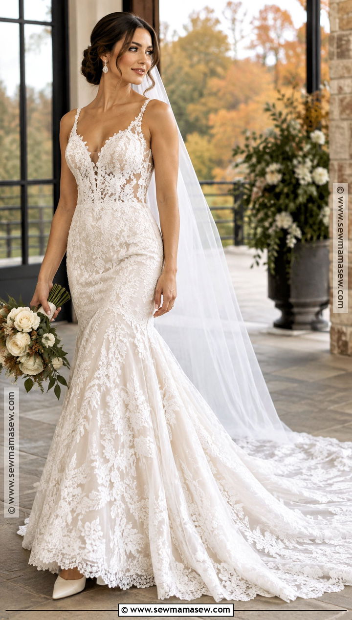 Mermaid Lace Wedding Dress With Long Train - 15 fall lace wedding dress ideas