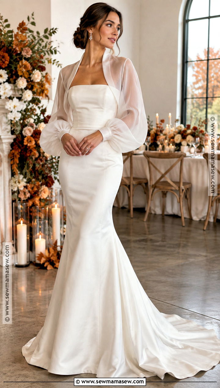 Mermaid Wedding Dress With Sheer Organza Jacket - 15 Fall Wedding Dress Coverup Ideas