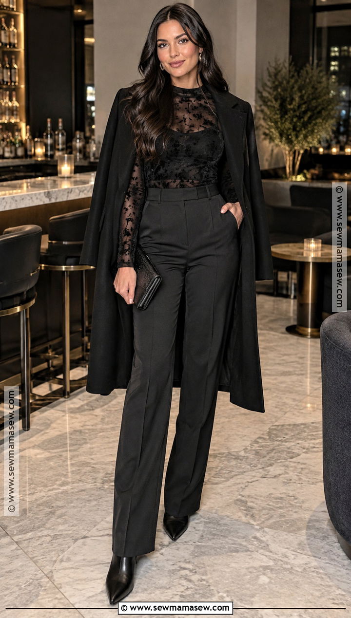 Mesh Long Sleeve Top and Black Trousers Bar Outfit - 25 Thanksgiving Eve Outfit Bar Ideas