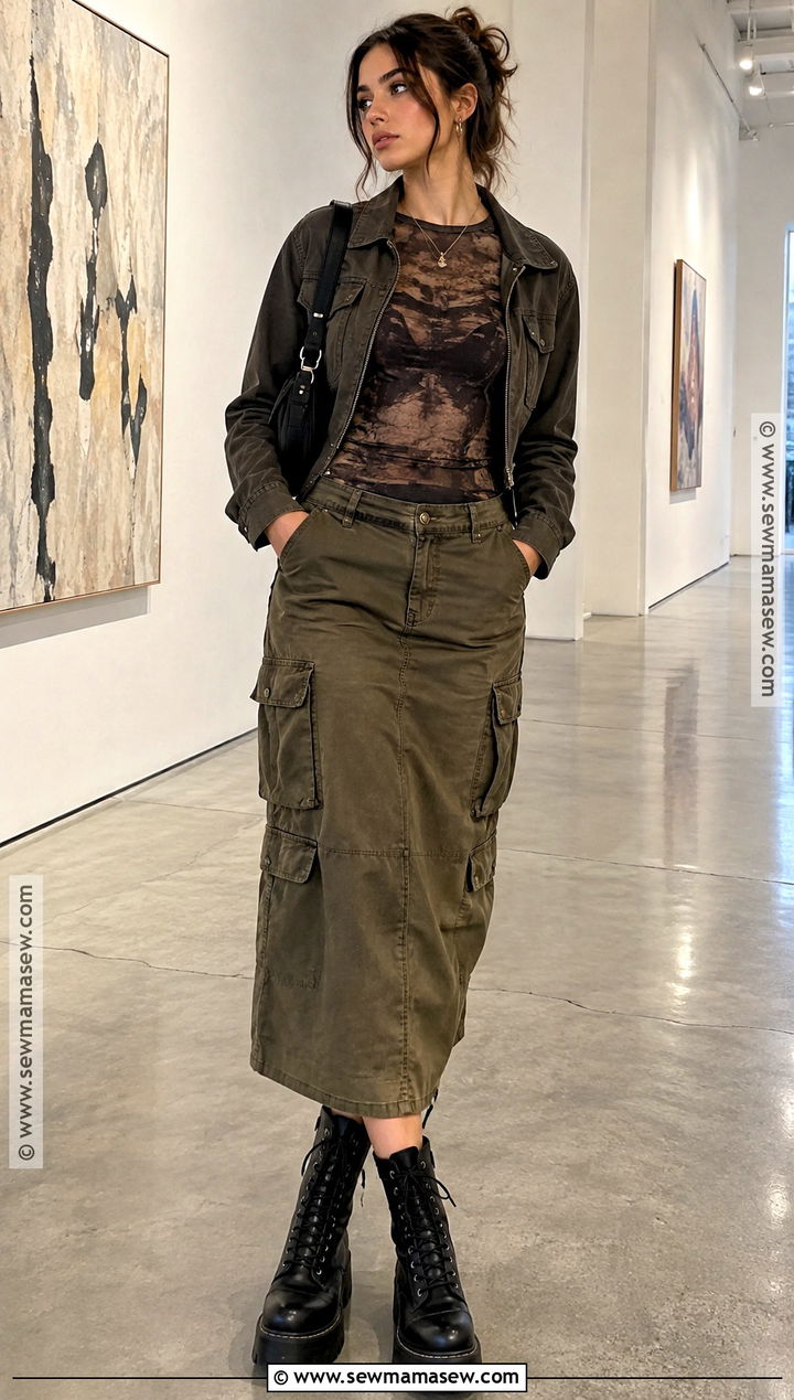 Mesh Top And Cargo Midi Skirt Y2K Fall Outfit - 20 y2k fall fashion ideas