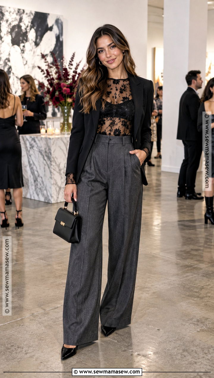 Mesh Top And Tailored Pants Fall Party Outfit - 25 fall party outfit ideas