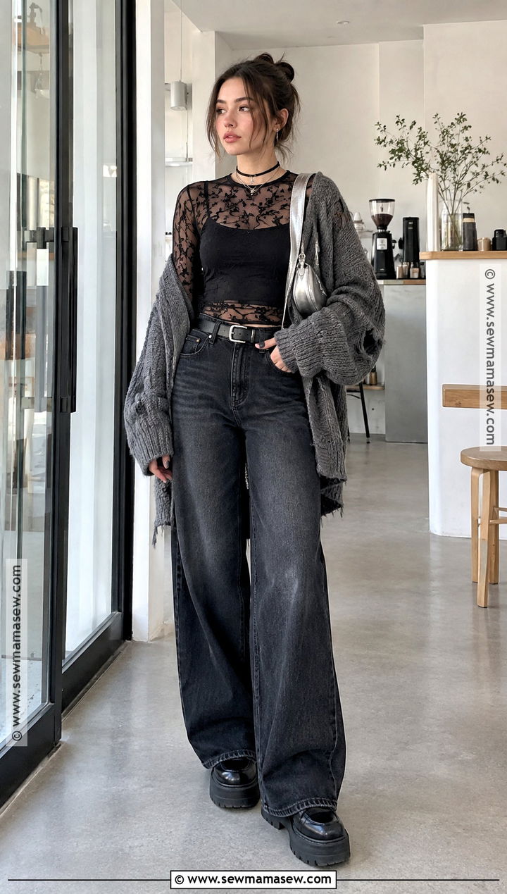 Mesh Top And Wide Leg Jeans Fall Outfit - 20 alternative fall fashion ideas