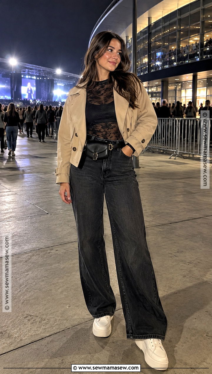 Mesh Top Wide Leg Jeans Trench Coat Concert Outfit - 15 Fall Concert Outfit Night Outside Ideas