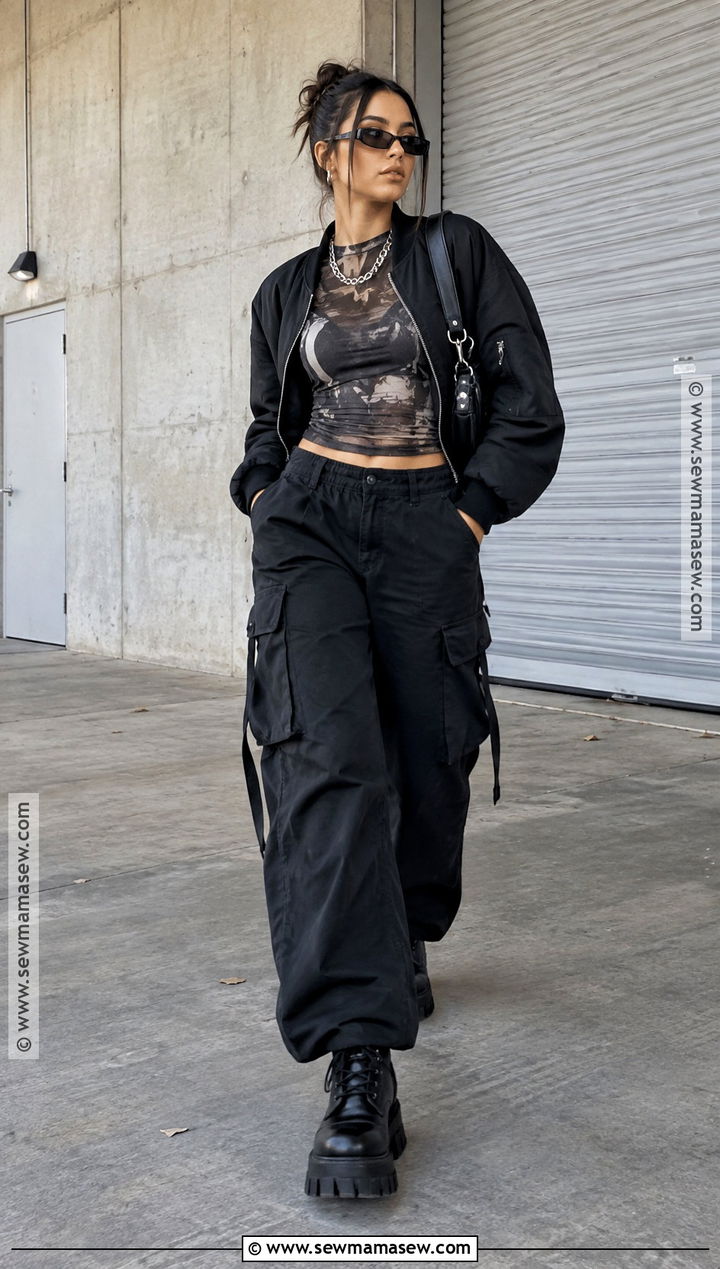 Mesh Top and Black Cargo Pants Y2K Outfit - 25 fall y2k outfits