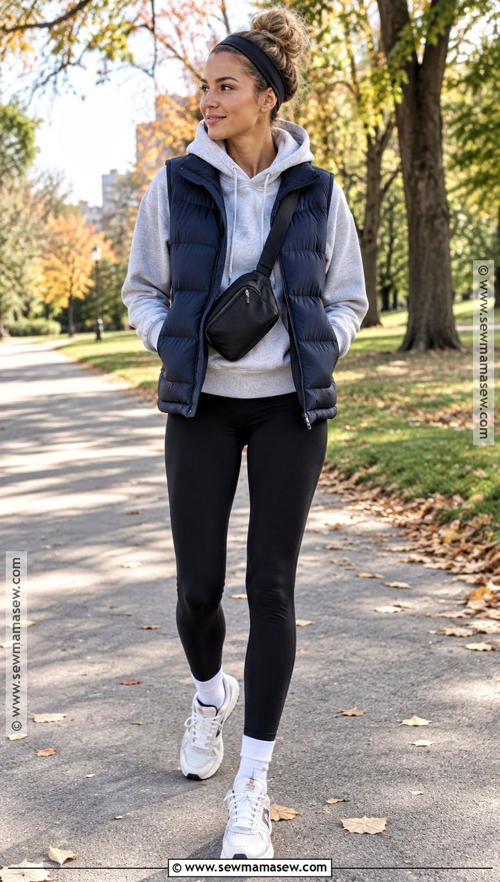 Messy Bun With Hoodie And Puffer Vest - 15 Bun Outfit Fall Ideas