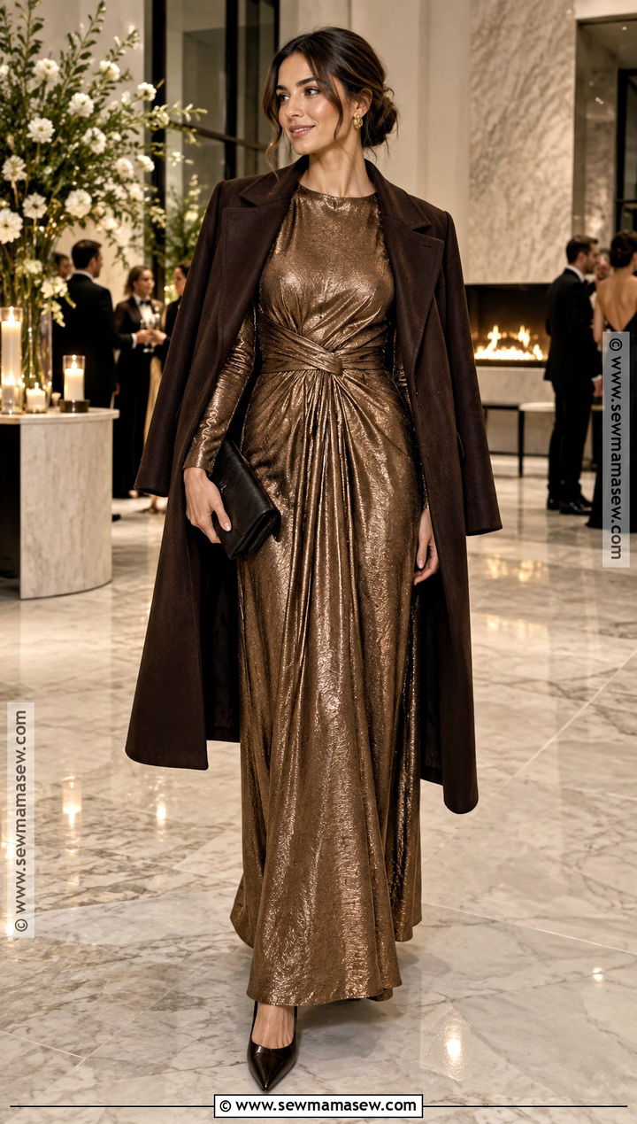 Metallic Bronze Long Sleeve Wedding Guest Dress - 15 Fall Winter Wedding Dresses