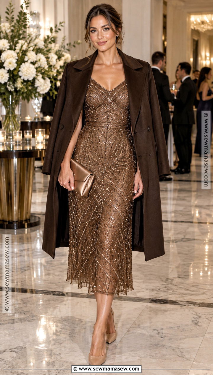 Metallic Embellished Midi Dress Outfit - 15 september guest wedding dress ideas