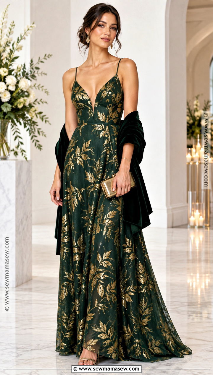 Metallic Leaf Print Formal Dress Outfit - 15 Fall Leaf Dress Ideas